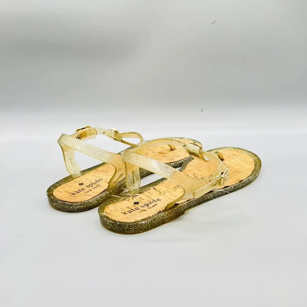 Kate Spade Sandals Womens 9 Gold Plastic Jelly Thong Ankle Strap Flat Shoes
